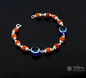 925 sterling silver Rudraksha beads with evil eye bracelet, stylish unisex cultural trendy handmade bracelet all sizes jewelry sbr472
