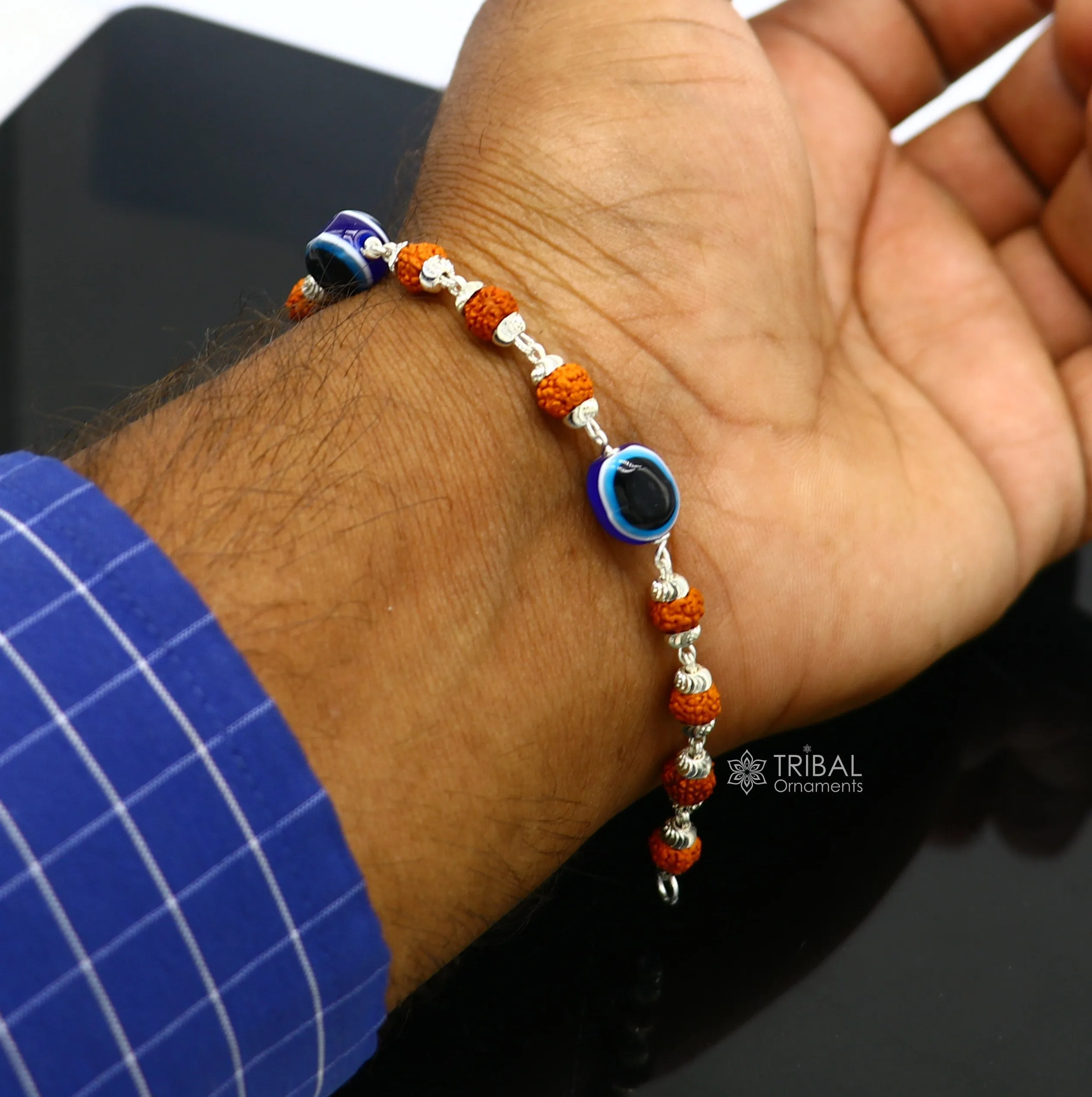 925 sterling silver Rudraksha beads with evil eye bracelet, stylish unisex cultural trendy handmade bracelet all sizes jewelry sbr472