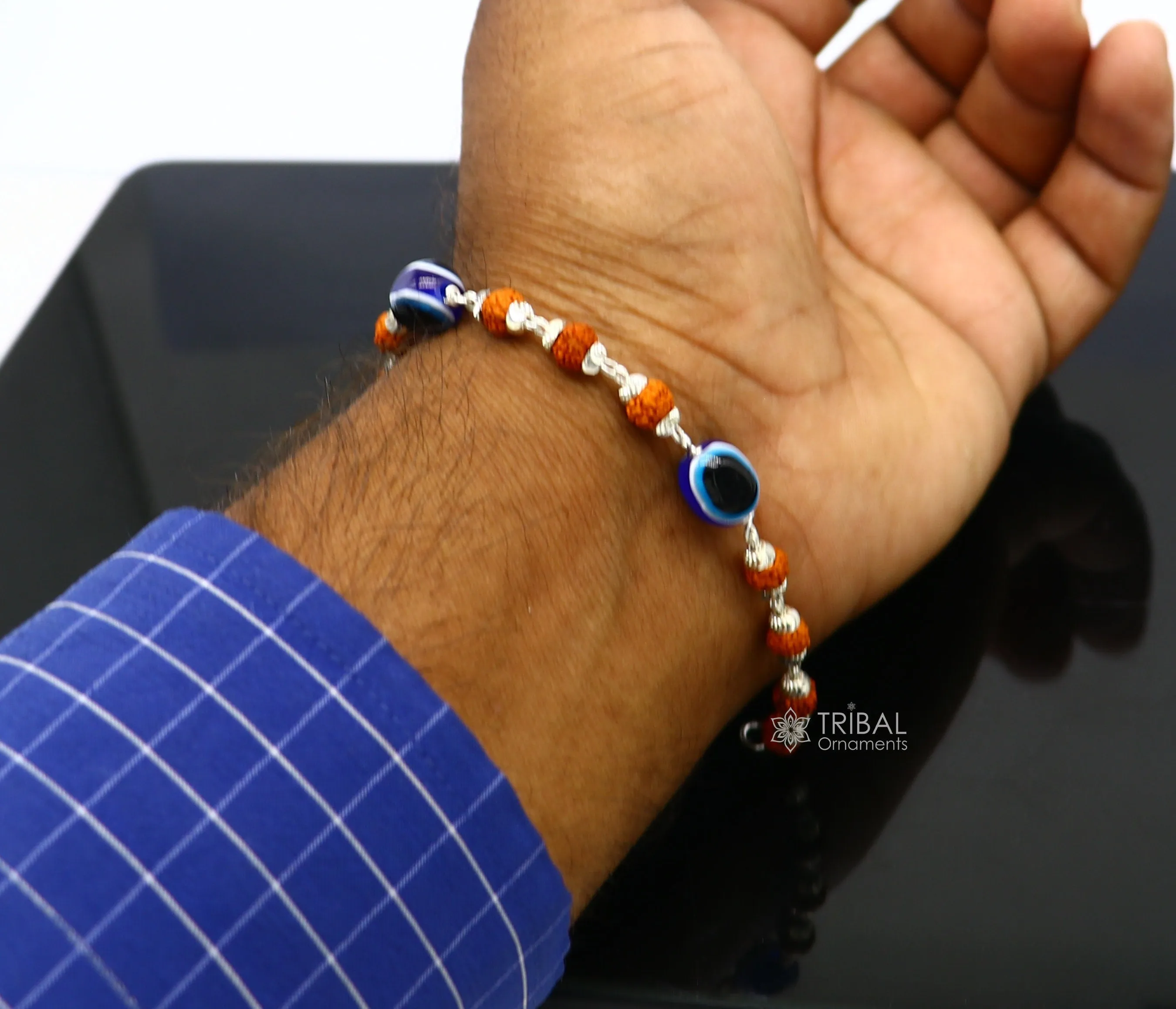 925 sterling silver Rudraksha beads with evil eye bracelet, stylish unisex cultural trendy handmade bracelet all sizes jewelry sbr472