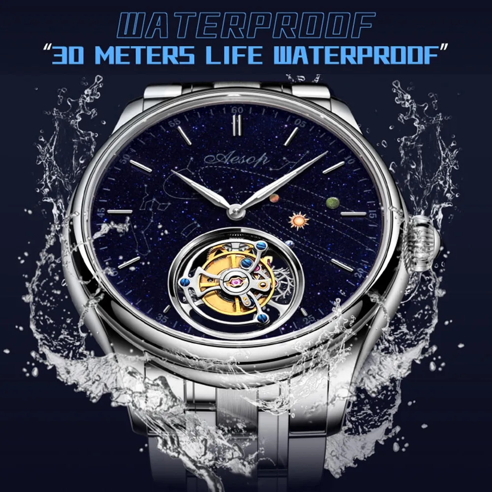 Aesop Manual Tourbillon Mechanical Watch For Men Sapphire Flying Movement Steel Mens Watch Luxury Waterproof orologio uomo 7025