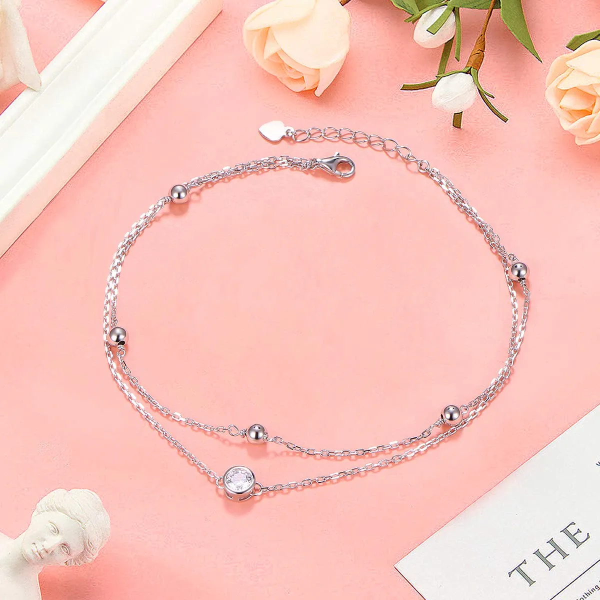 Anklet for Women 925 Sterling Silver Adjustable Foot Beaded Heart /Cubic zirconia Charm Ankle Bracelet Anklets Jewelry Style A