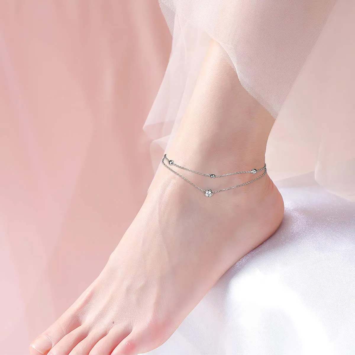 Anklet for Women 925 Sterling Silver Adjustable Foot Beaded Heart /Cubic zirconia Charm Ankle Bracelet Anklets Jewelry Style A