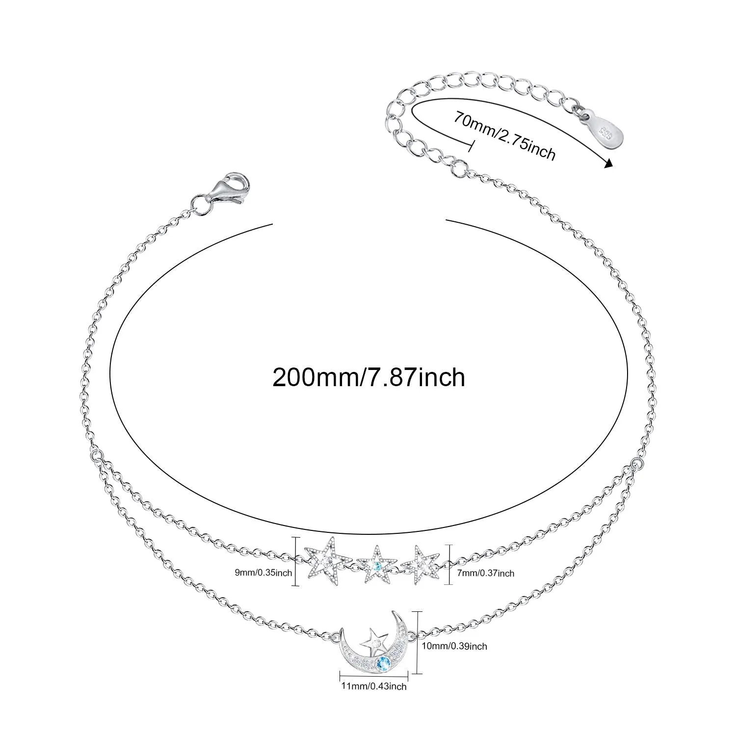 ATTRACTTO Moon Star Ankle Bracelets for Women 925 Sterling Silver Layered Anklets for Sea Beach Foot Ankle for Teen Girls