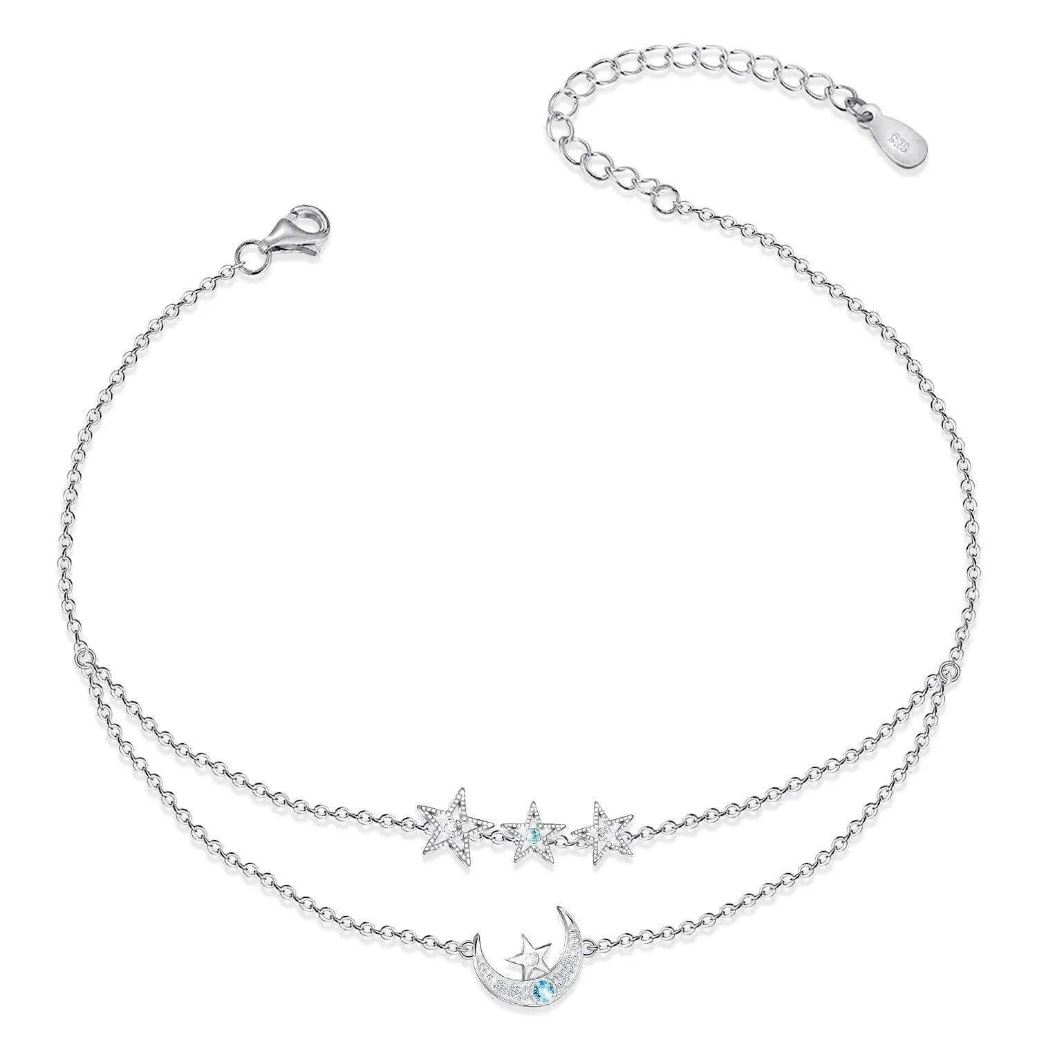 ATTRACTTO Moon Star Ankle Bracelets for Women 925 Sterling Silver Layered Anklets for Sea Beach Foot Ankle for Teen Girls