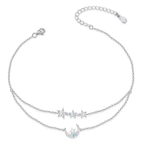 ATTRACTTO Moon Star Ankle Bracelets for Women 925 Sterling Silver Layered Anklets for Sea Beach Foot Ankle for Teen Girls