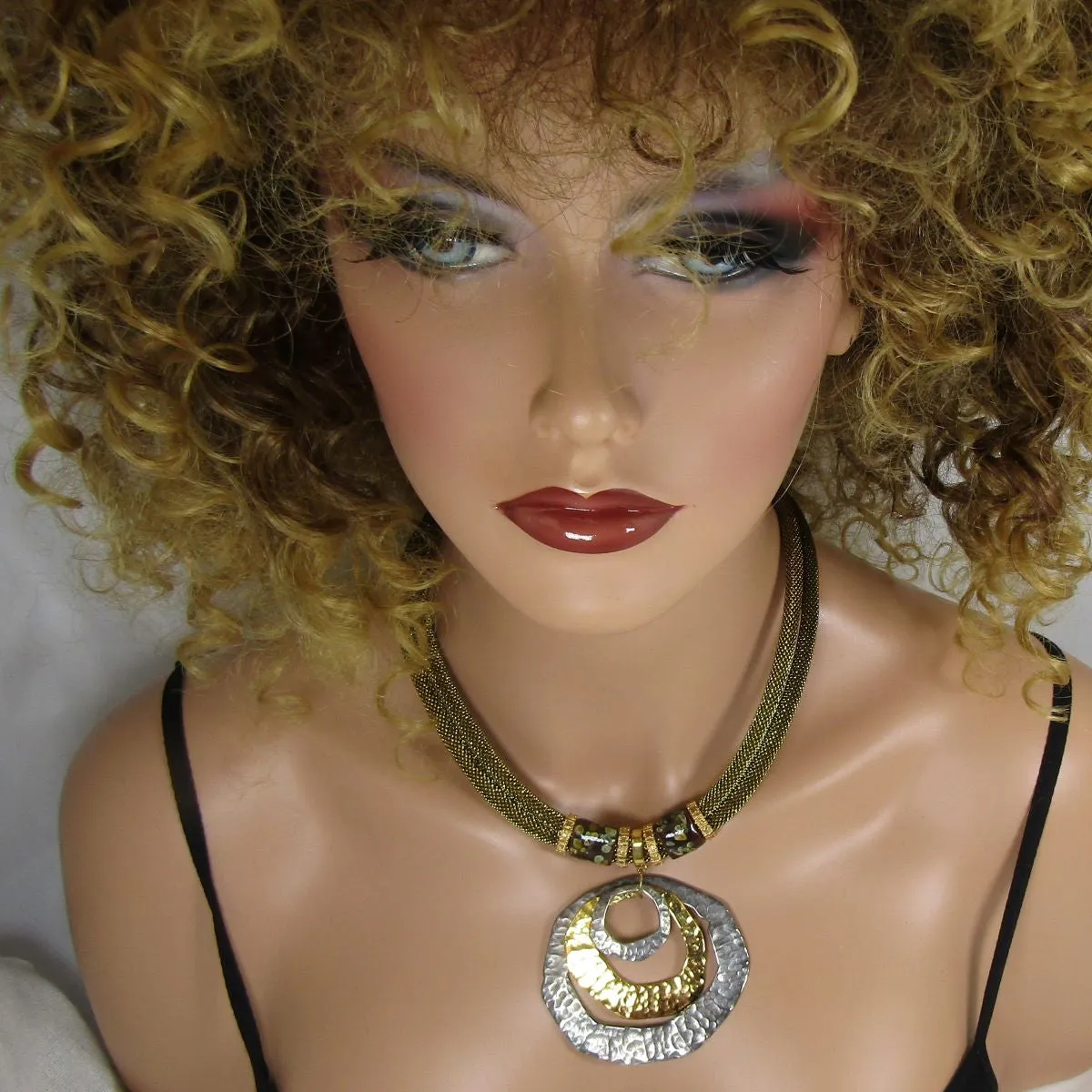 Big Bold Gold & Silver Pendant Necklace Metallic Cord