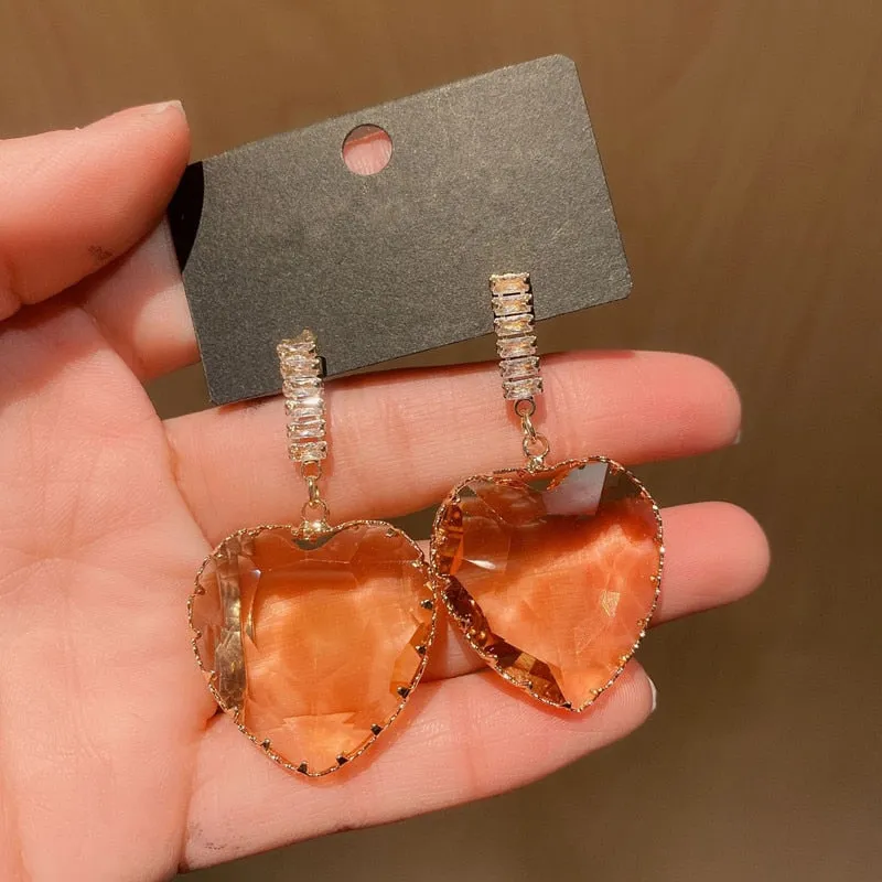 Big Statement Transparent Crystal Love Heart Dangle Earrings For Women