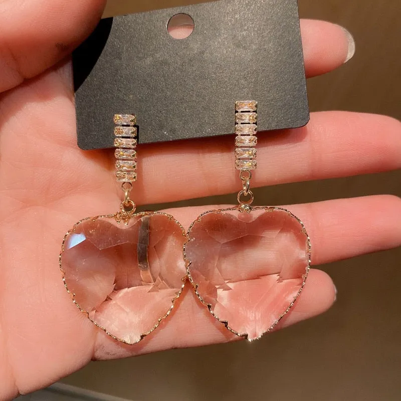 Big Statement Transparent Crystal Love Heart Dangle Earrings For Women