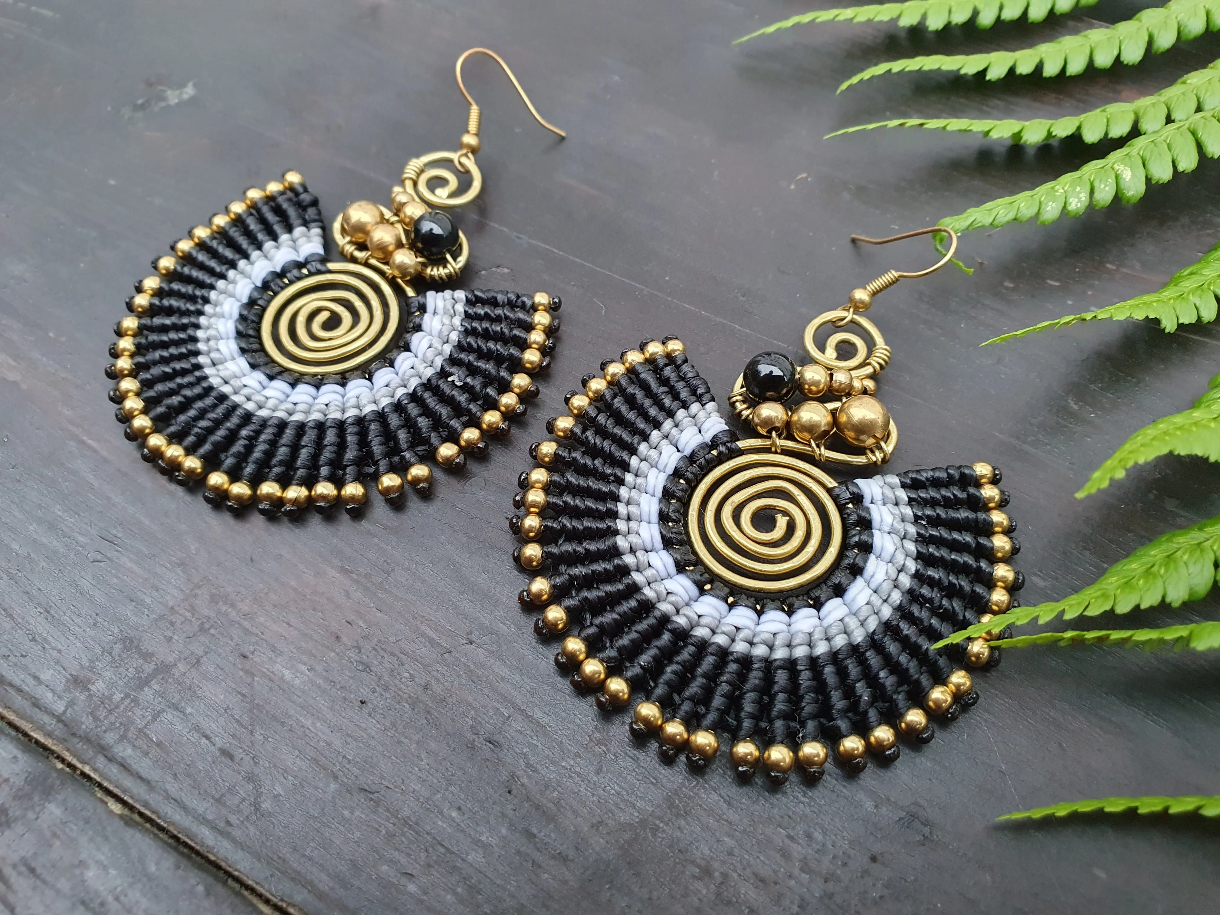 Black agate crystal & black macrame earrings, full moon spiral circle gemstone for love, boho tribal Thai Aztec Egyptian African statement
