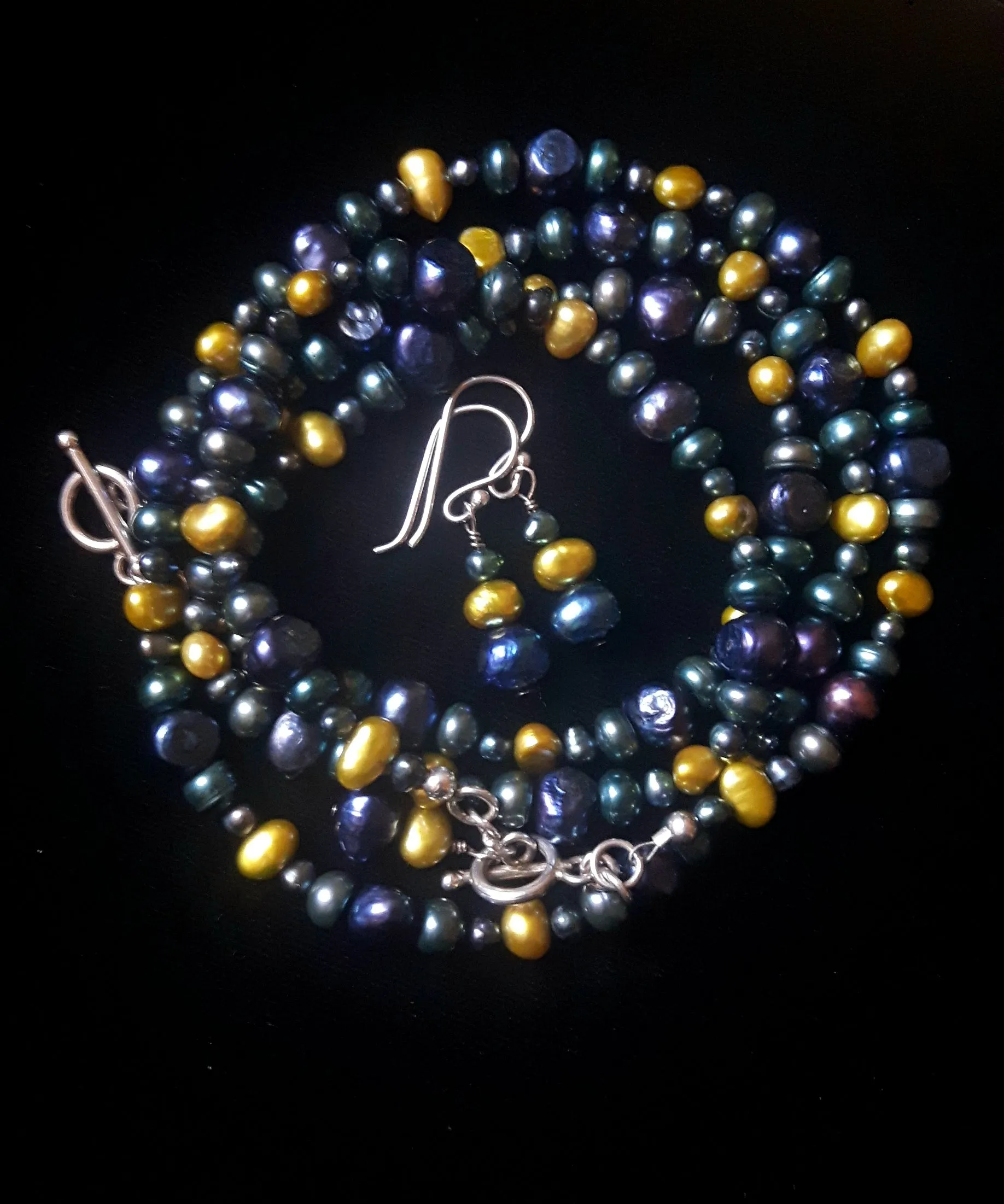Blue, Green & Yellow Pearl Necklaces & Earrings Set