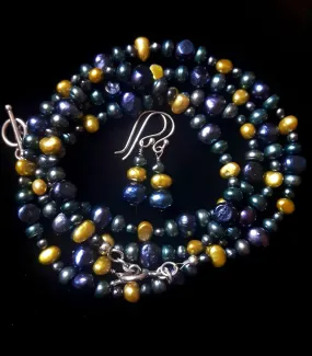 Blue, Green & Yellow Pearl Necklaces & Earrings Set