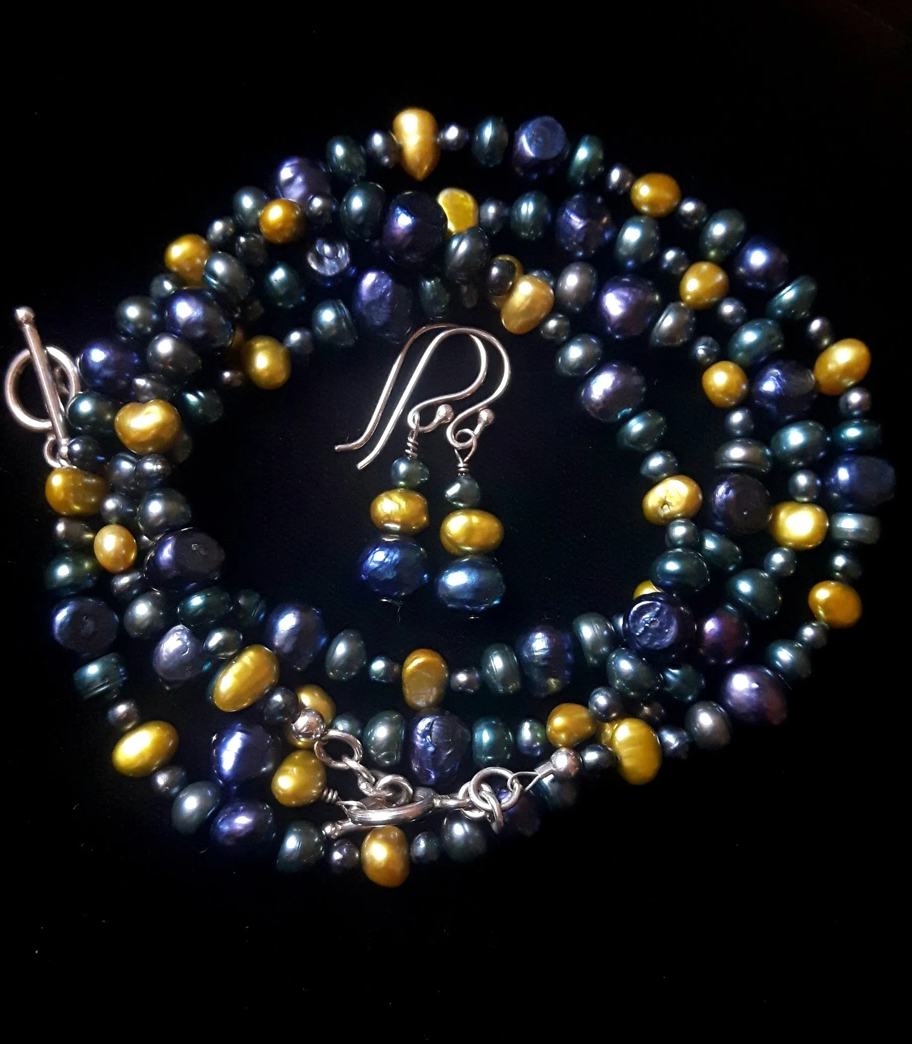 Blue, Green & Yellow Pearl Necklaces & Earrings Set