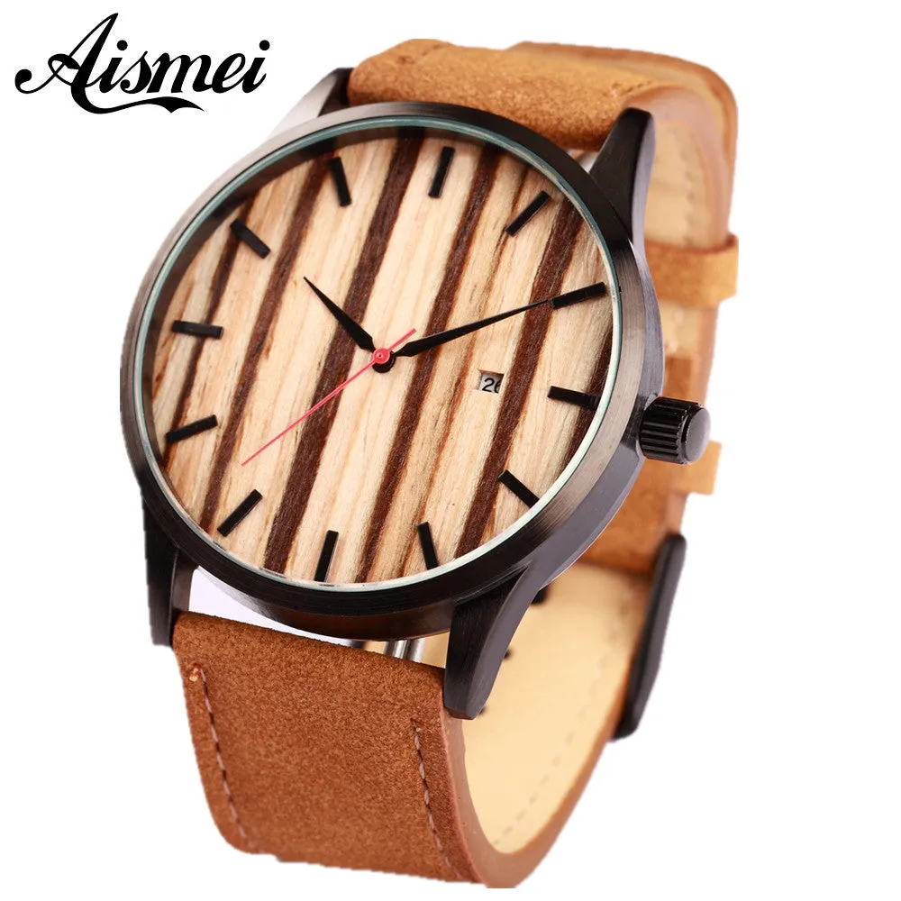 Brand calendar quartz men wood face watch designer 2017 man women leather sport watches casual wooden wristwatch free shipping