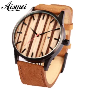 Brand calendar quartz men wood face watch designer 2017 man women leather sport watches casual wooden wristwatch free shipping