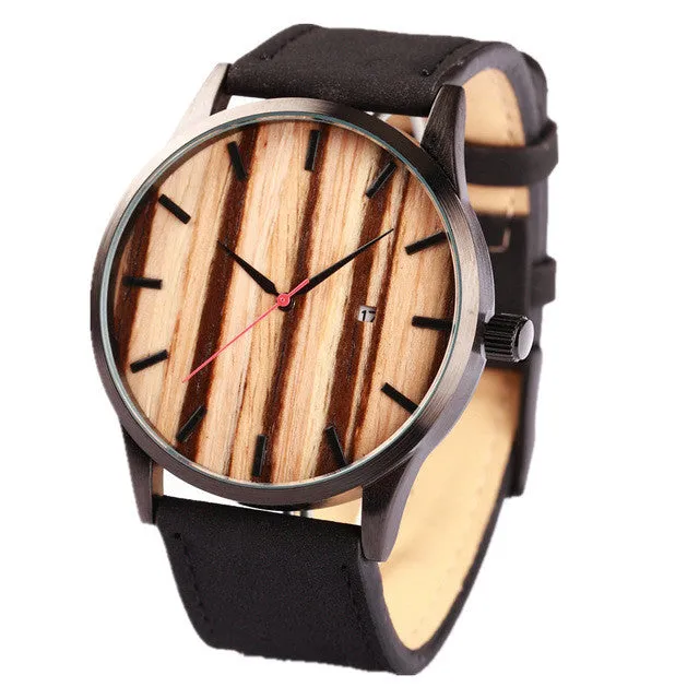 Brand calendar quartz men wood face watch designer 2017 man women leather sport watches casual wooden wristwatch free shipping