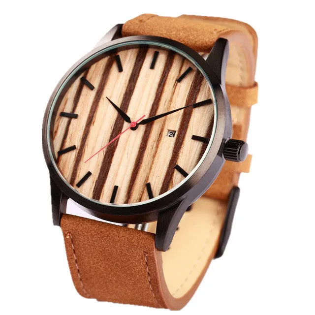 Brand calendar quartz men wood face watch designer 2017 man women leather sport watches casual wooden wristwatch free shipping