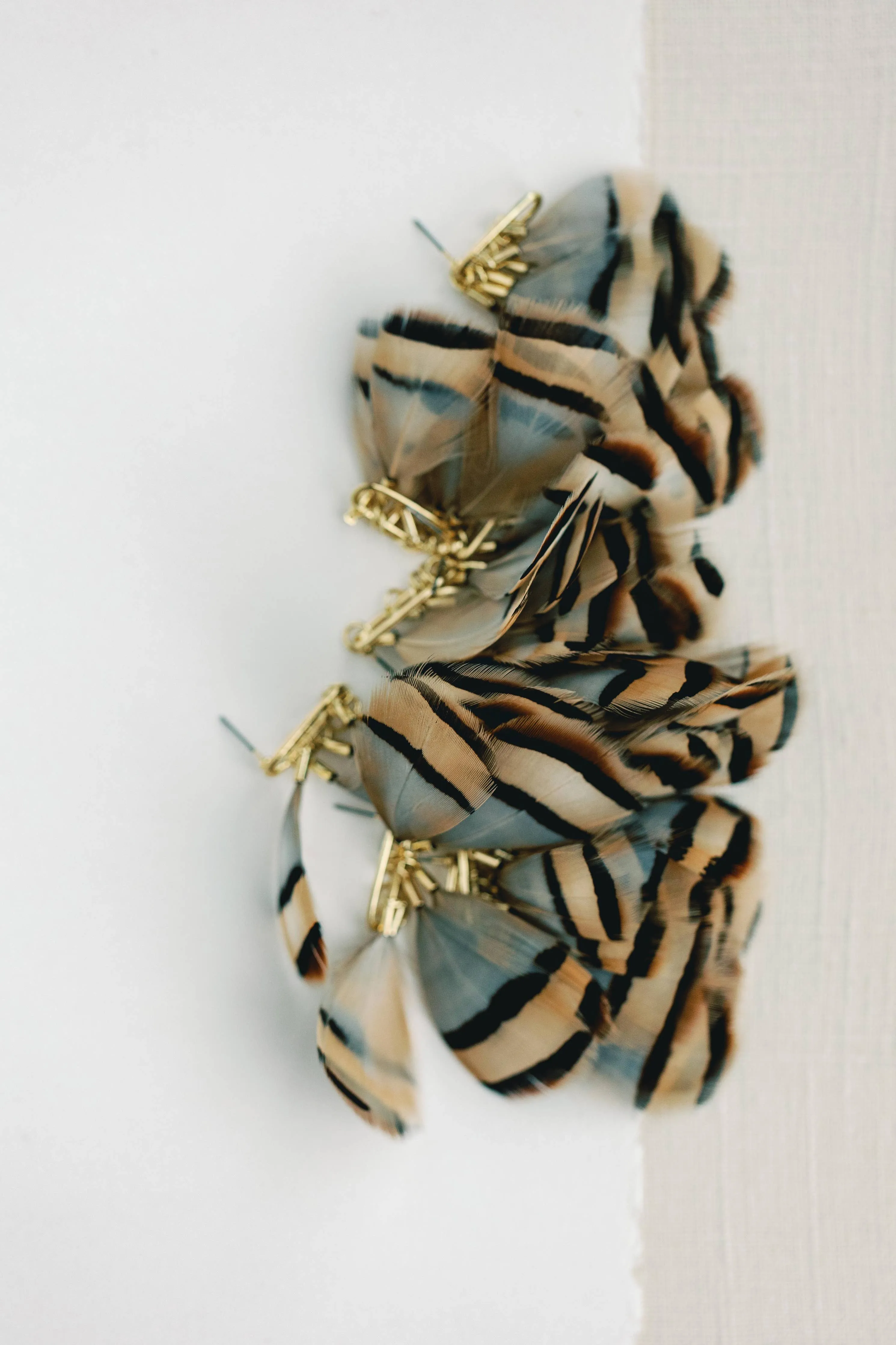 Brown Striped Feather Statement Tassel Earrings