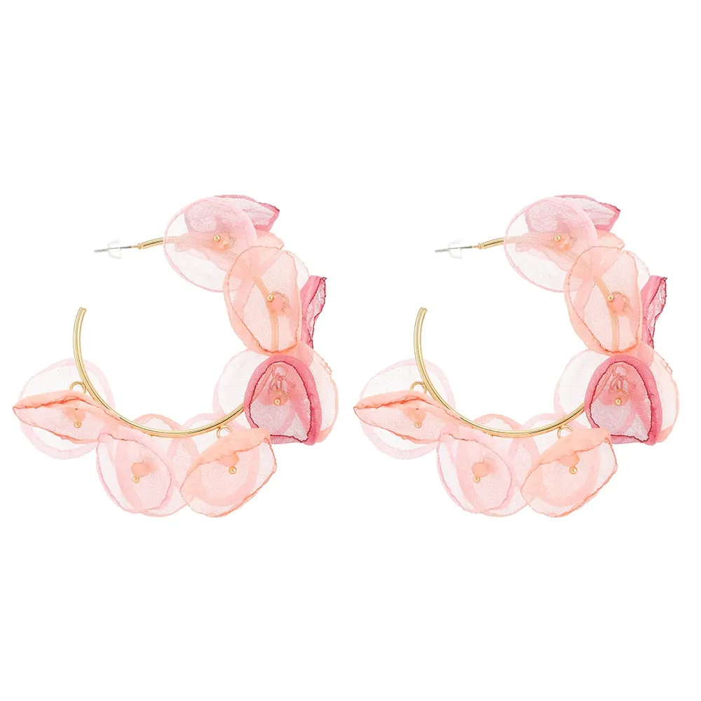Charm Lace Rose Petals Simulated Pearl Circle Hoop Earrings For Women
