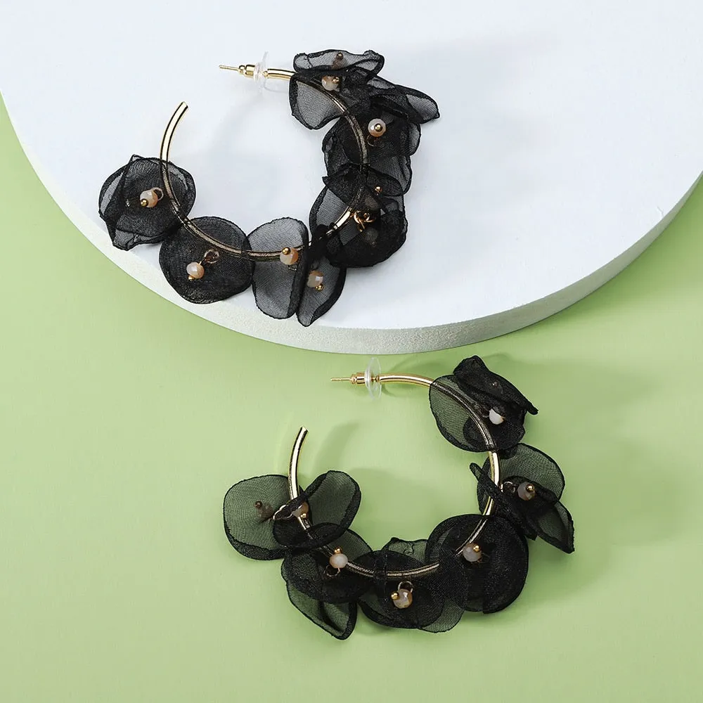 Charm Lace Rose Petals Simulated Pearl Circle Hoop Earrings For Women