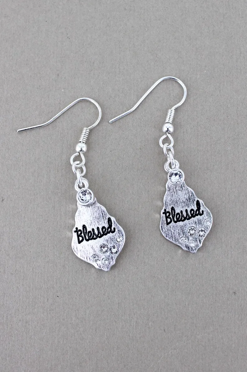 CLEAR CRYSTAL ACCENTED SILVERTONE 'BLESSED' MOROCCAN TEARDROP EARRINGS
