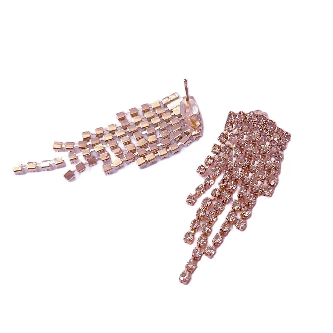 Contemporary White Diamante Crystal Studded Rose Gold-Toned Short Tassel Drop Earrings
