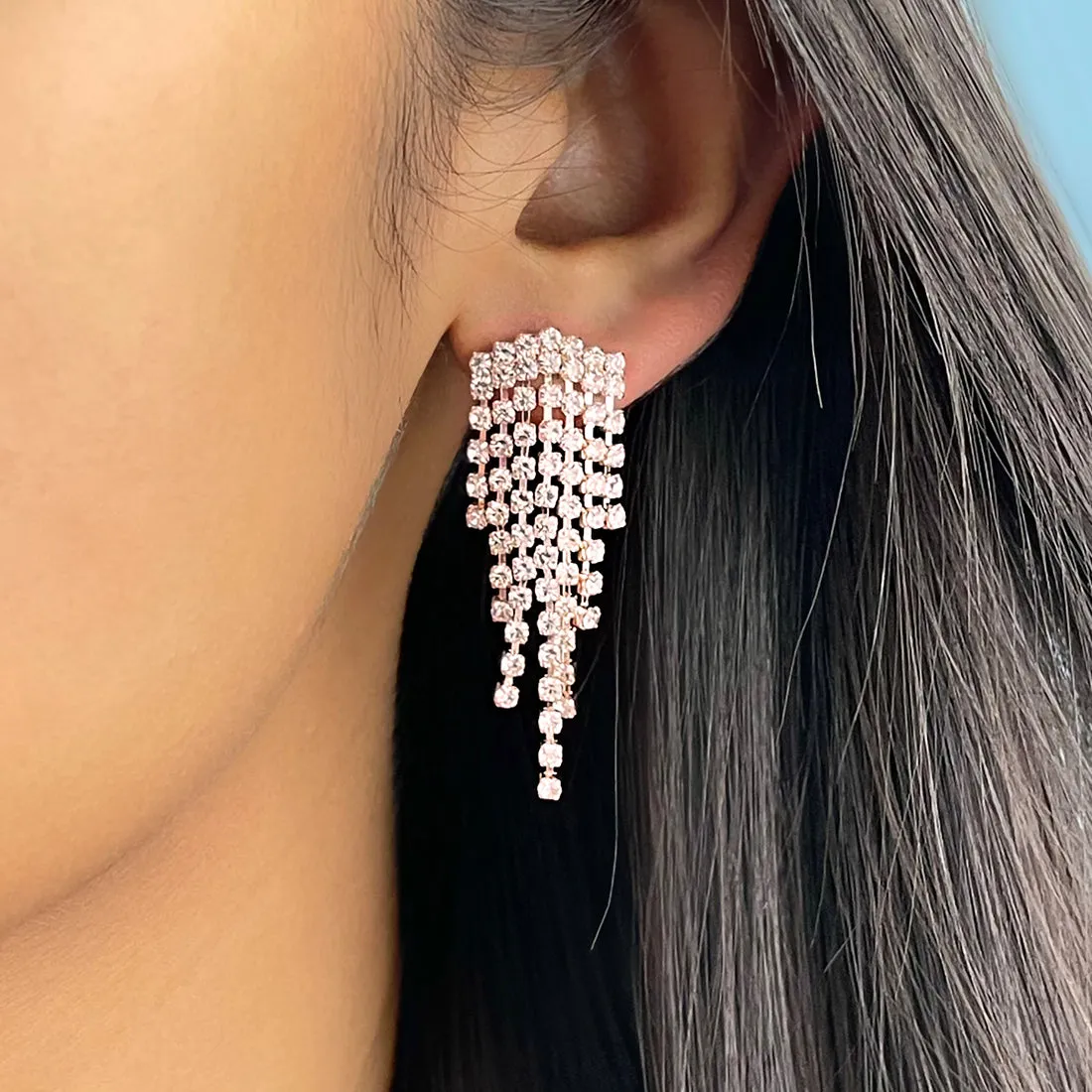 Contemporary White Diamante Crystal Studded Rose Gold-Toned Short Tassel Drop Earrings