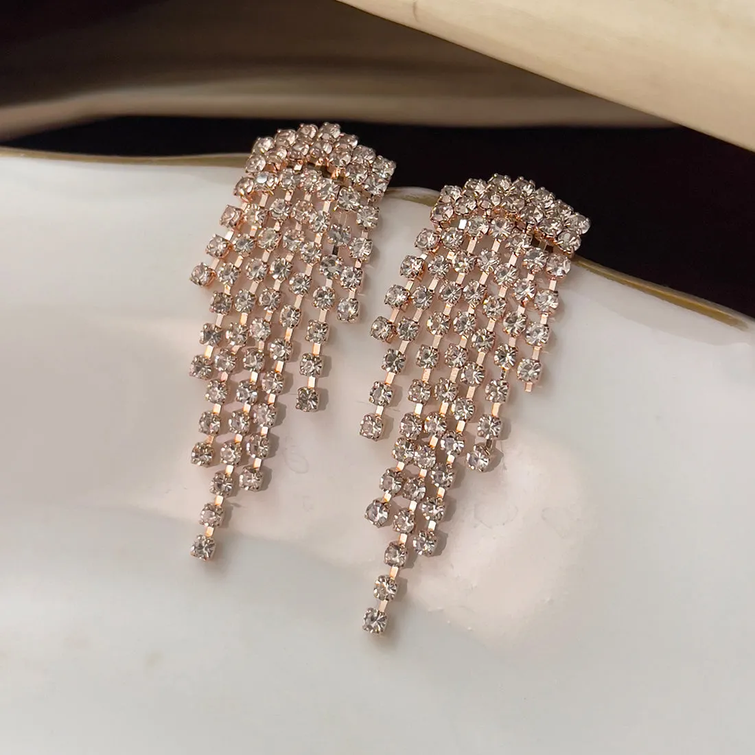 Contemporary White Diamante Crystal Studded Rose Gold-Toned Short Tassel Drop Earrings