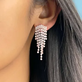 Contemporary White Diamante Crystal Studded Rose Gold-Toned Short Tassel Drop Earrings