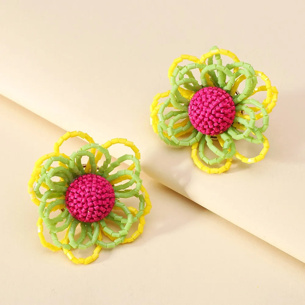 Fashion Acrylic Beads Handmade Sweet Flower Big Stud Earrings For Women
