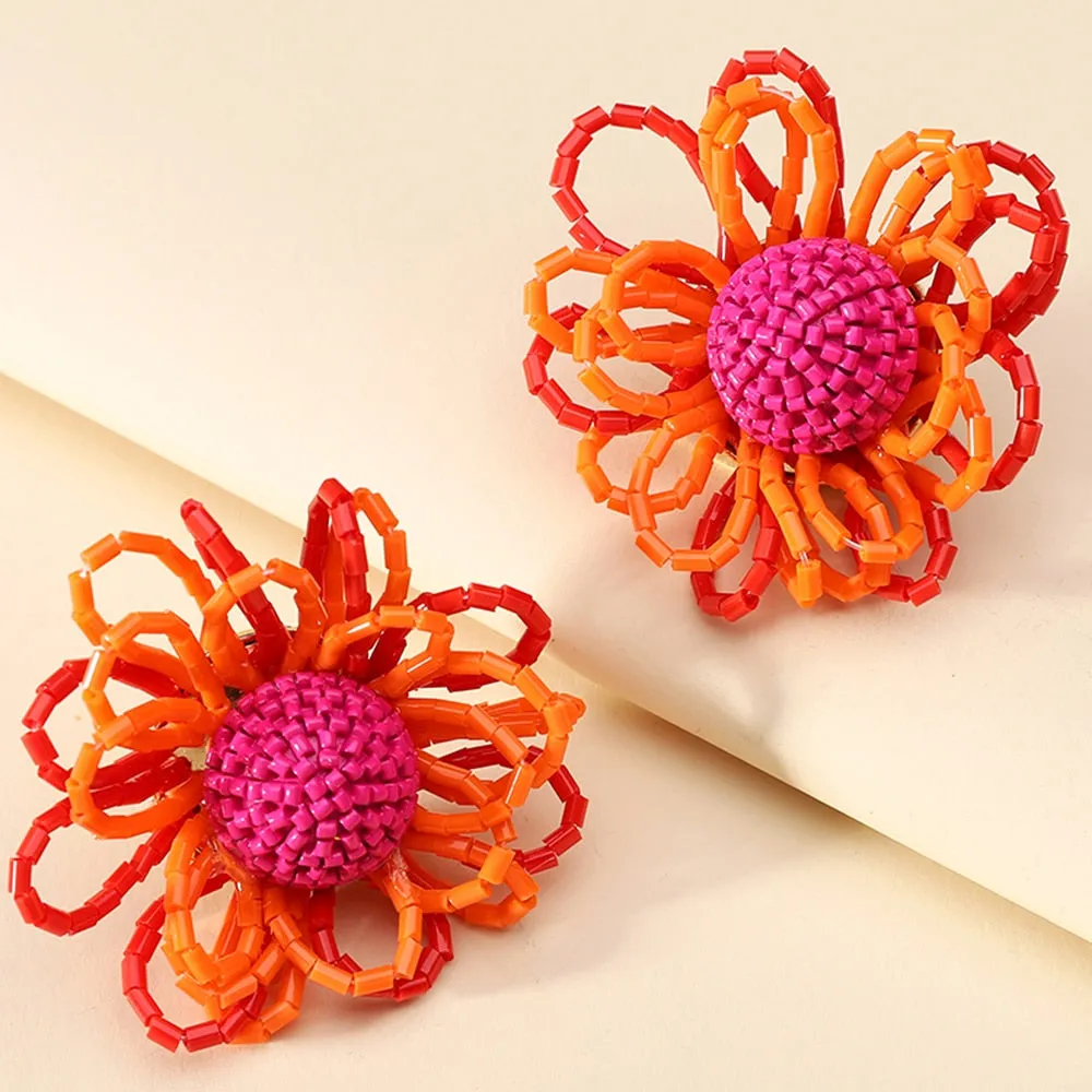 Fashion Acrylic Beads Handmade Sweet Flower Big Stud Earrings For Women