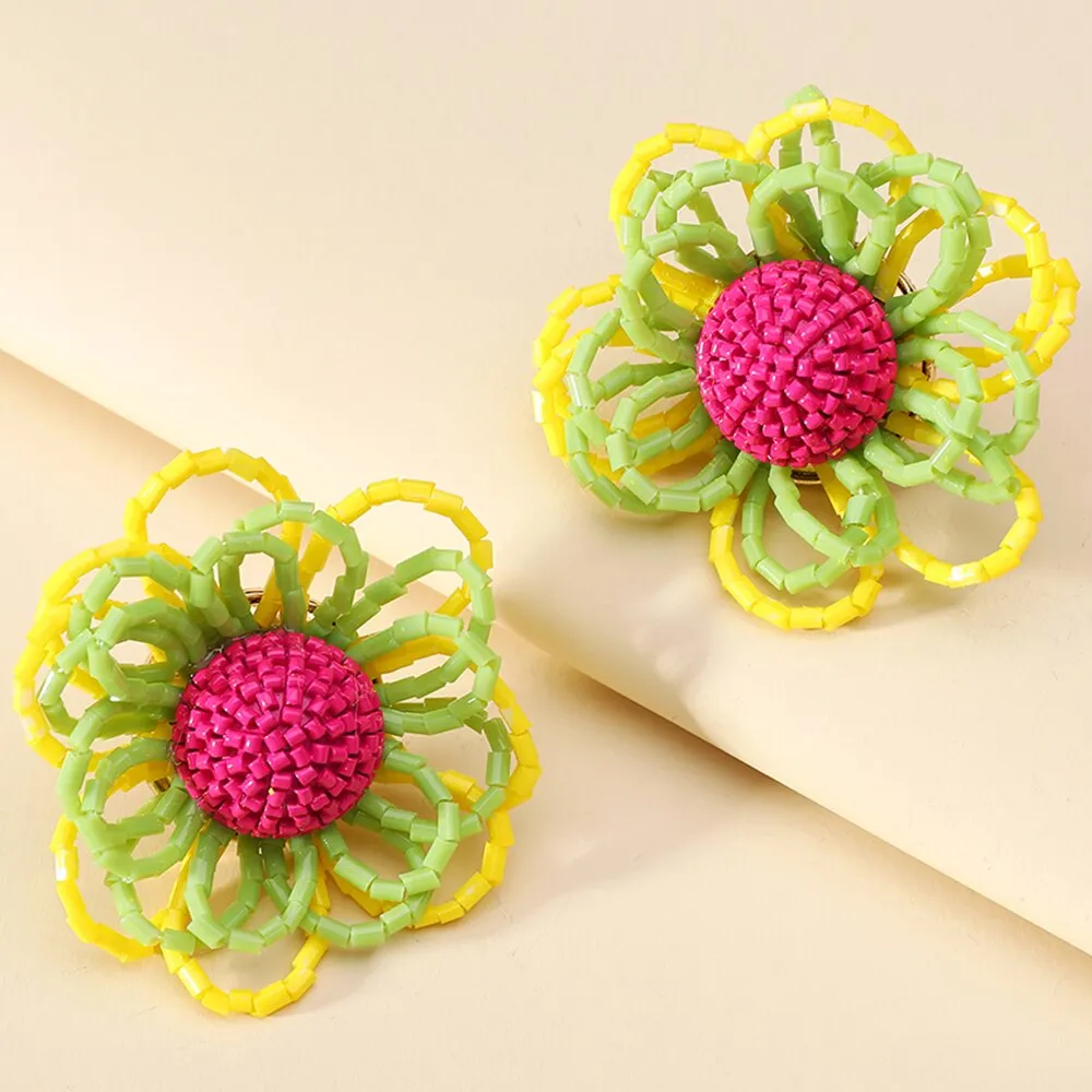Fashion Acrylic Beads Handmade Sweet Flower Big Stud Earrings For Women
