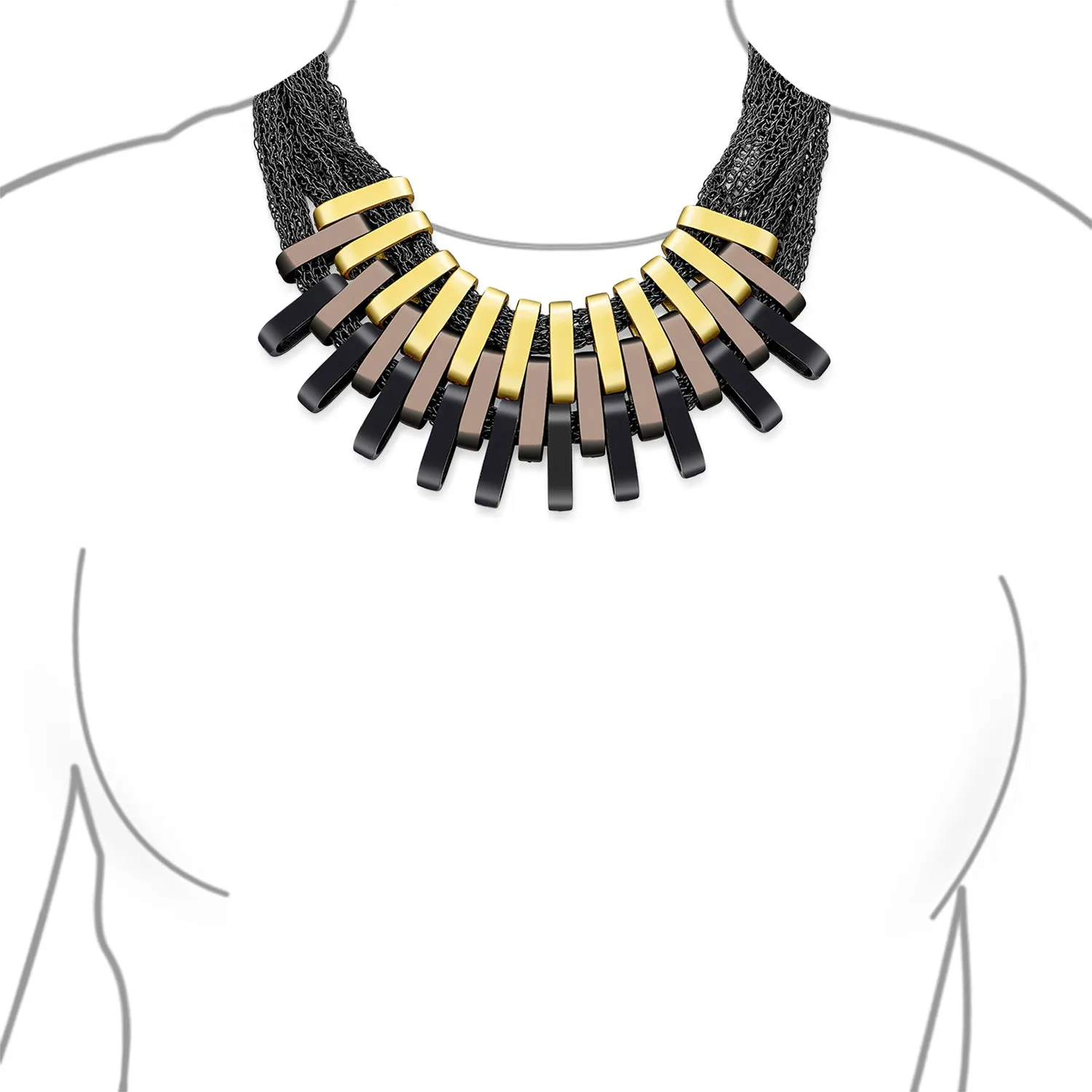 Fashion Black Chain Mail Collar Necklace Tri-Tone Geometric Statement for Women