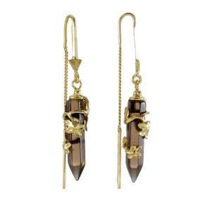 FLOWERING VINE PULL THROUGH EARRINGS - SMOKY QUARTZ - GOLD