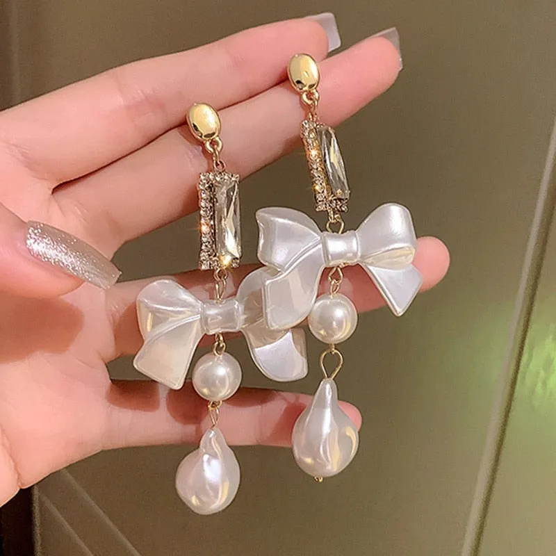 French Luxury Flower Love Heart Bow Knot Pearl Earrings