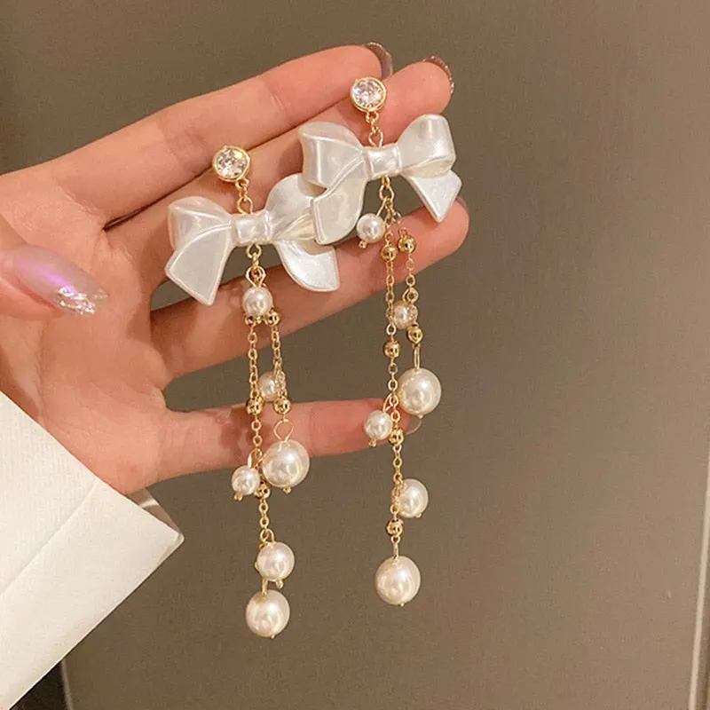 French Luxury Flower Love Heart Bow Knot Pearl Earrings