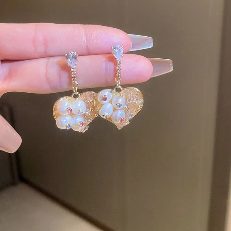 French Luxury Flower Love Heart Bow Knot Pearl Earrings