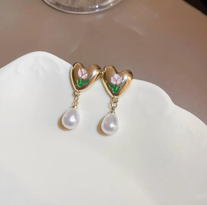 French Luxury Flower Love Heart Bow Knot Pearl Earrings