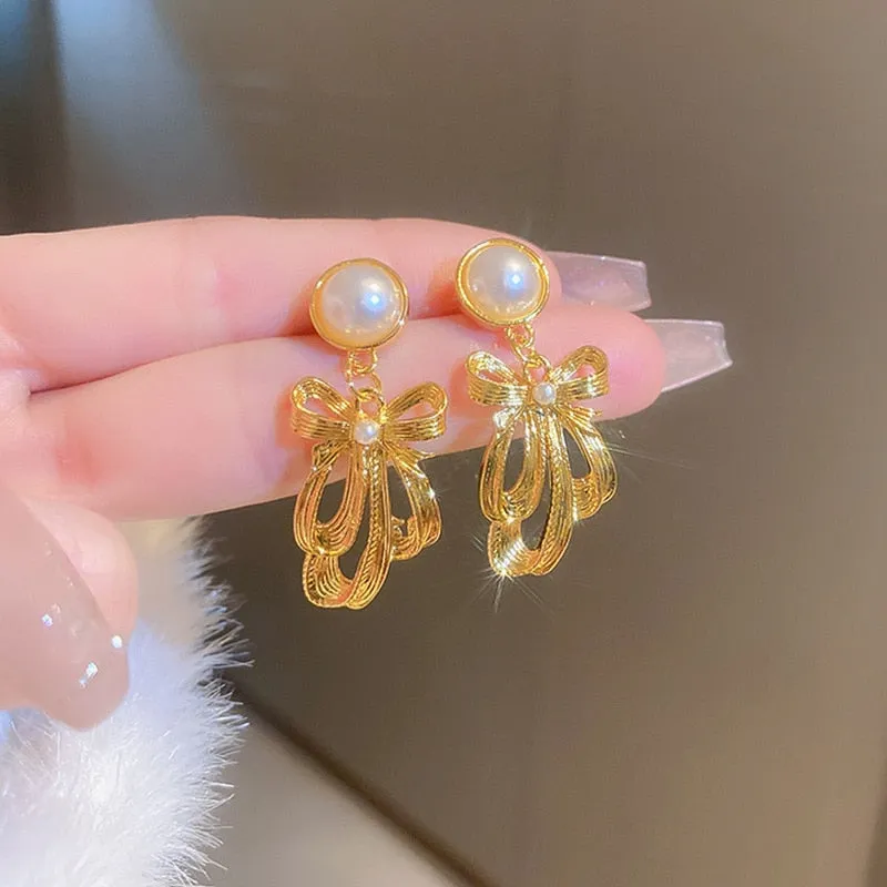 French Luxury Flower Love Heart Bow Knot Pearl Earrings