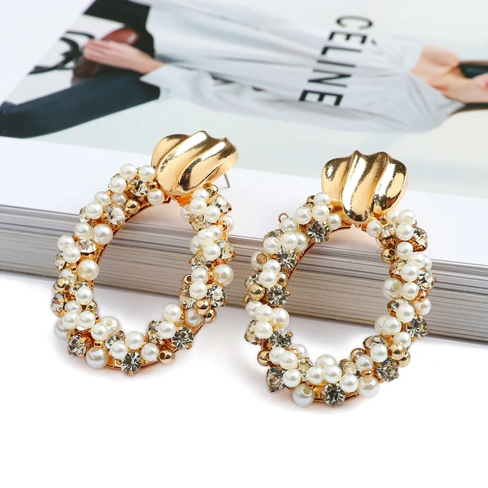 Gold Color Metal Oval Full Simulated Pearl Beaded Large Dangle Drop Earrings For Women