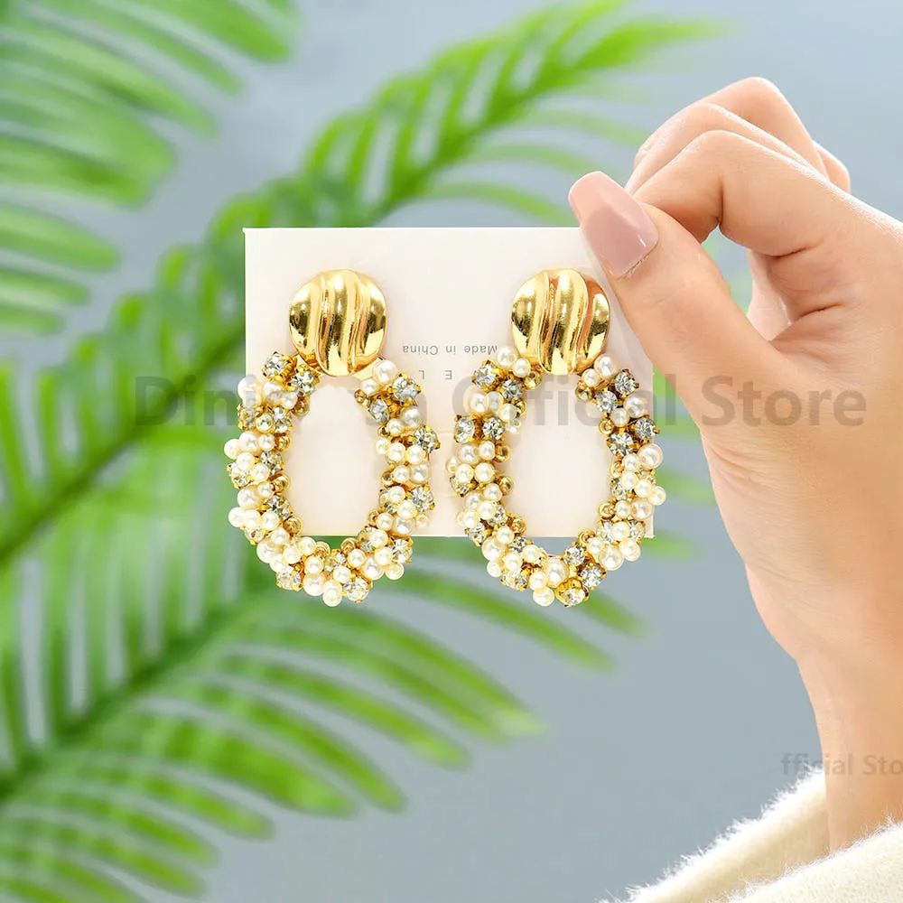 Gold Color Metal Oval Full Simulated Pearl Beaded Large Dangle Drop Earrings For Women