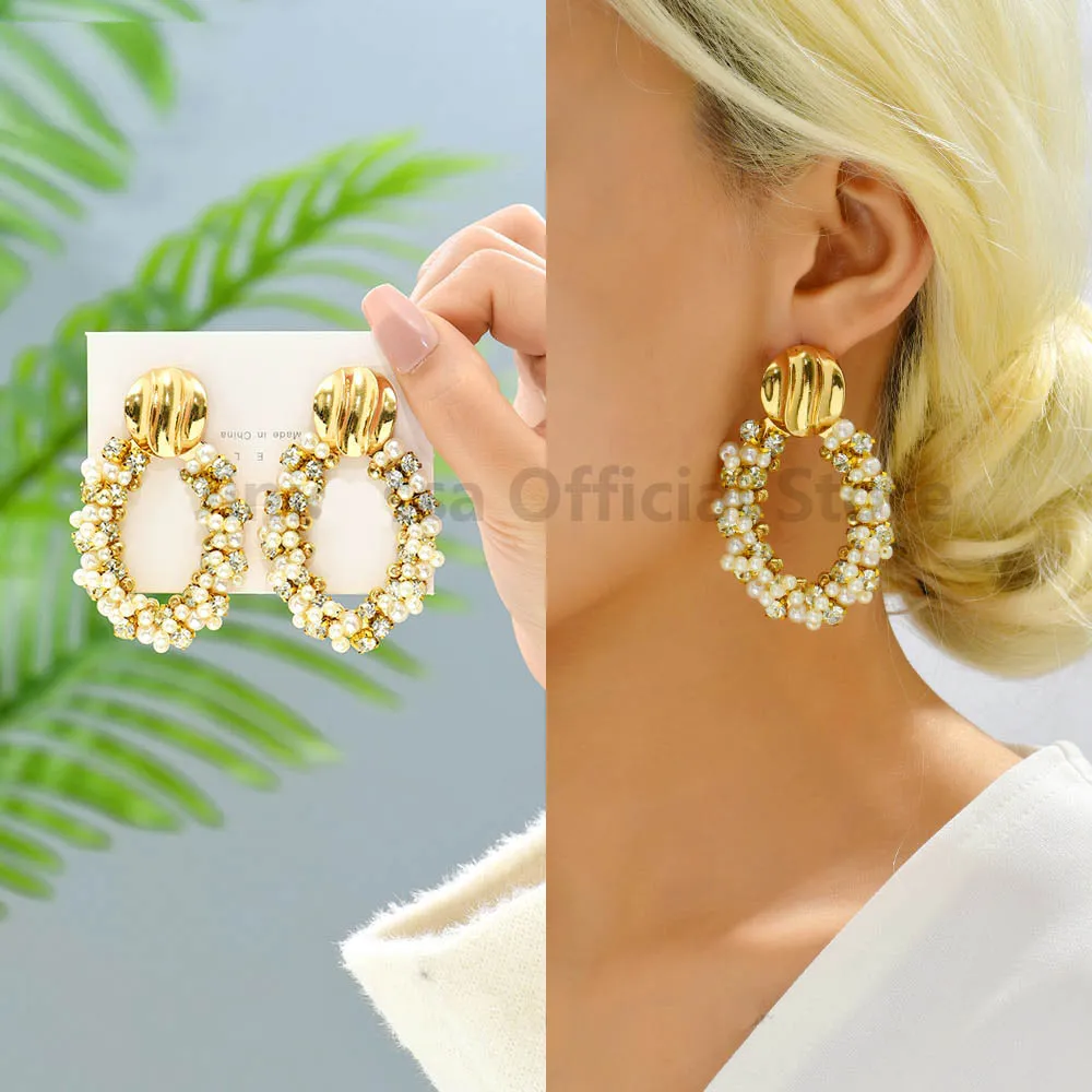 Gold Color Metal Oval Full Simulated Pearl Beaded Large Dangle Drop Earrings For Women