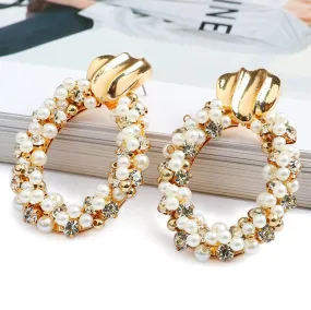 Gold Color Metal Oval Full Simulated Pearl Beaded Large Dangle Drop Earrings For Women