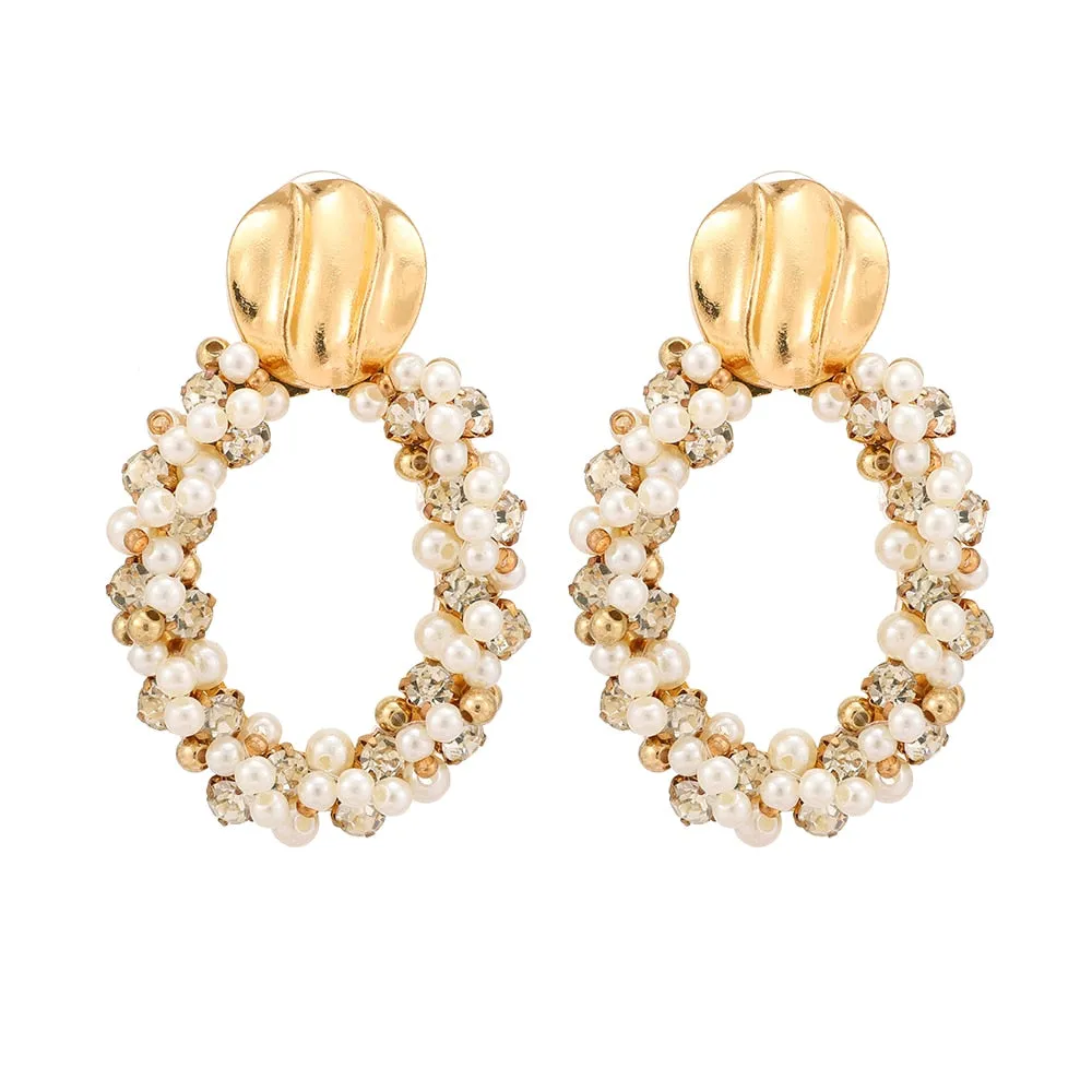 Gold Color Metal Oval Full Simulated Pearl Beaded Large Dangle Drop Earrings For Women