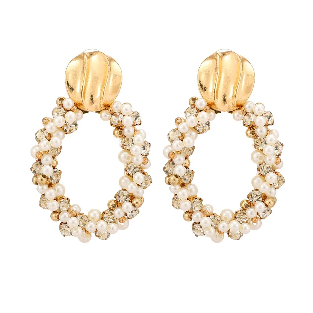Gold Color Metal Oval Full Simulated Pearl Beaded Large Dangle Drop Earrings For Women