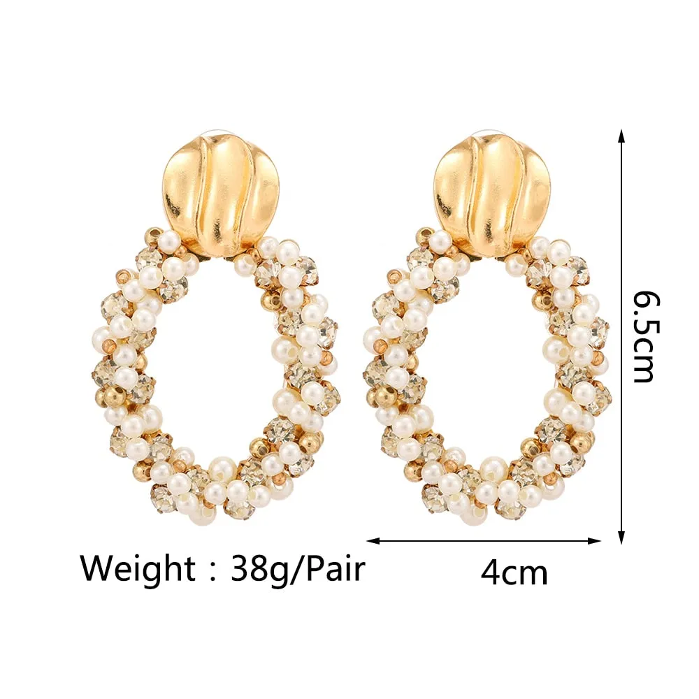 Gold Color Metal Oval Full Simulated Pearl Beaded Large Dangle Drop Earrings For Women