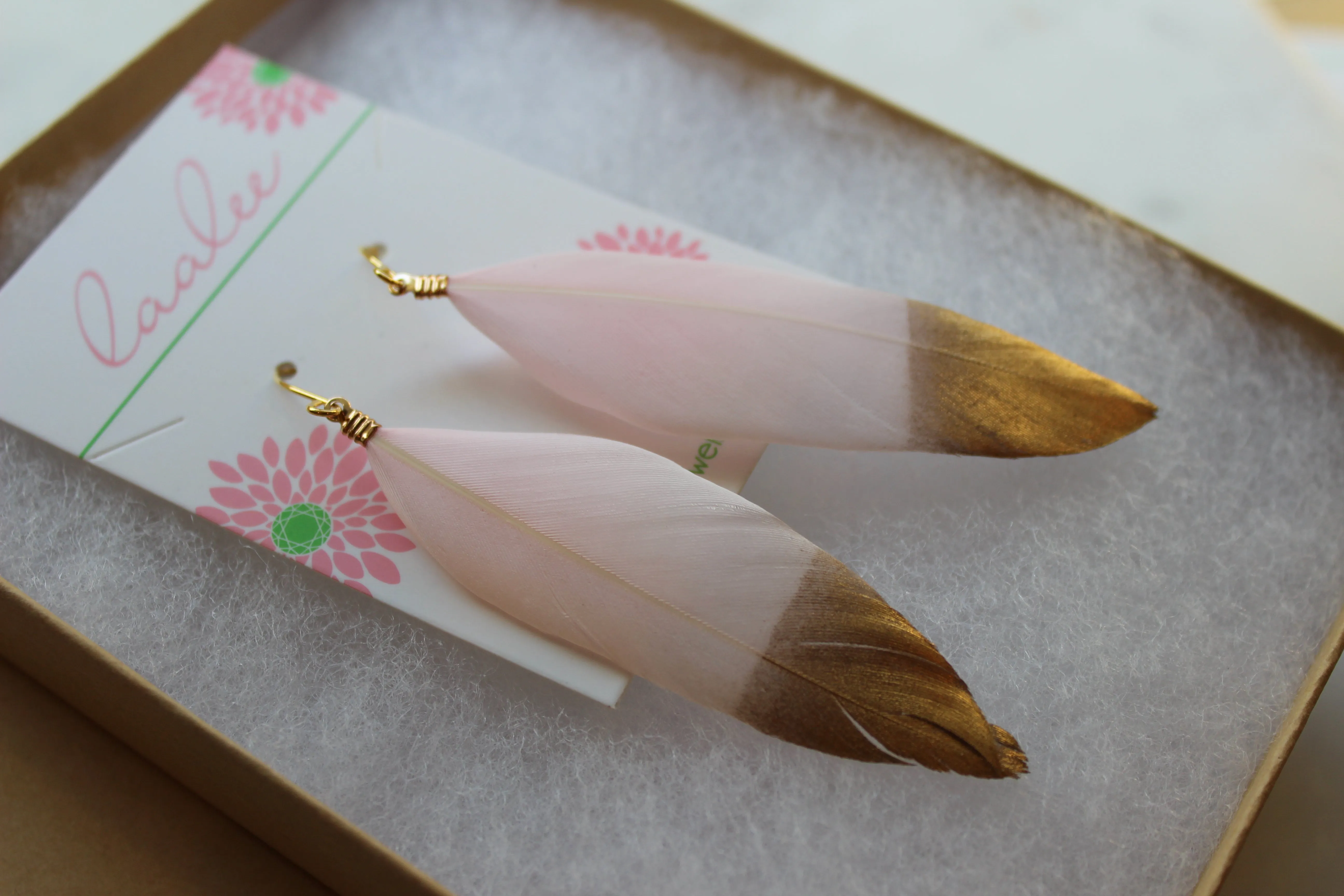 Gold Dipped Pink Feather Earrings