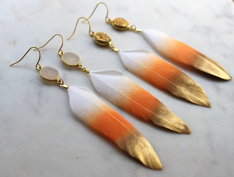 Gold Orange Earrings, Gold Dipped Feather Earrings, Gold Druzy Earrings, Orange Feather Earrings, Statement Earrings, Statement Jewelry
