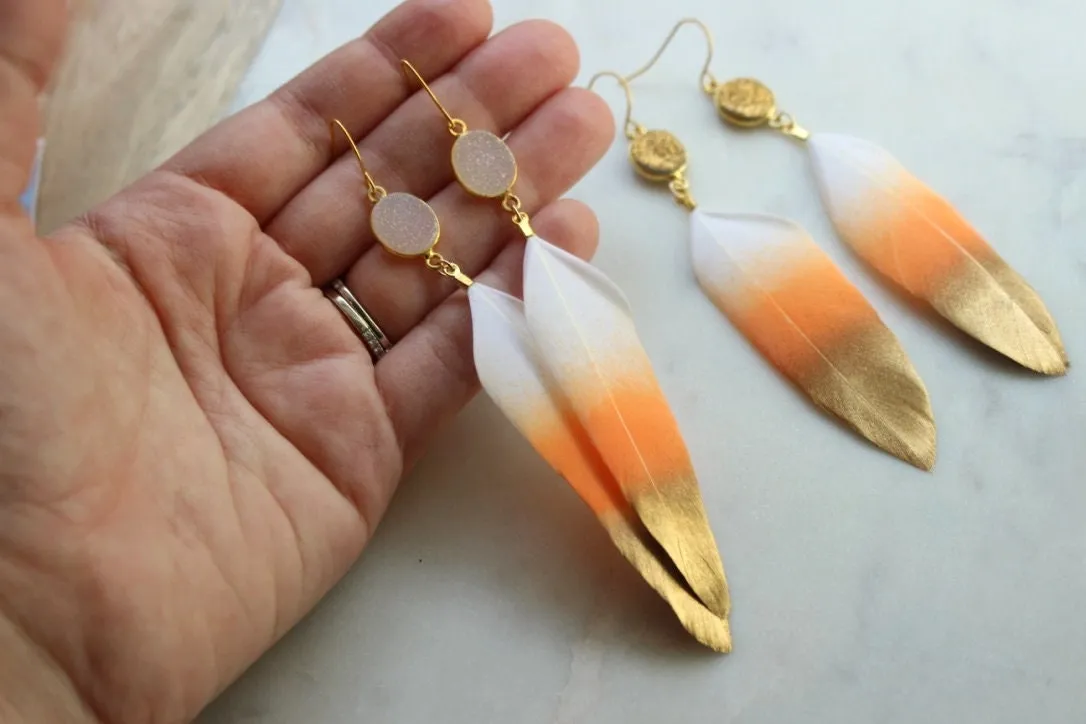 Gold Orange Earrings, Gold Dipped Feather Earrings, Gold Druzy Earrings, Orange Feather Earrings, Statement Earrings, Statement Jewelry
