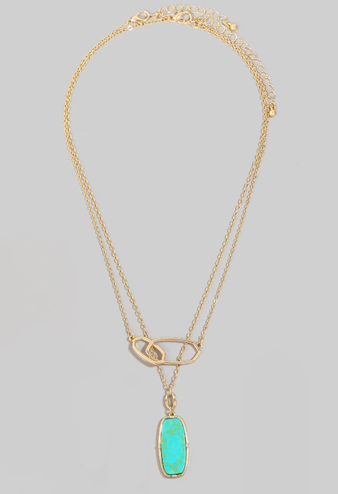 Gold Oval Hoop Linked & Turquoise Stone Pendant Layered Necklaces