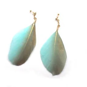 Gold painted green feather invisible clip on earrings
